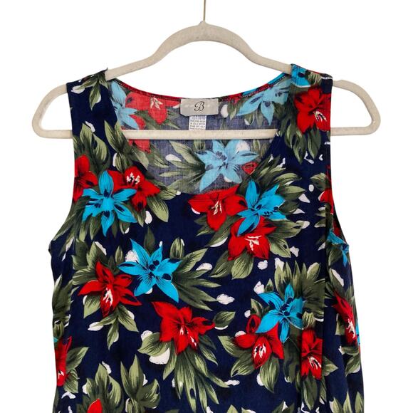 Vintage 80s Blue Red Hawaiian Floral Flowing Rayon Sheath Sundress Size Medium - Picture 5 of 15